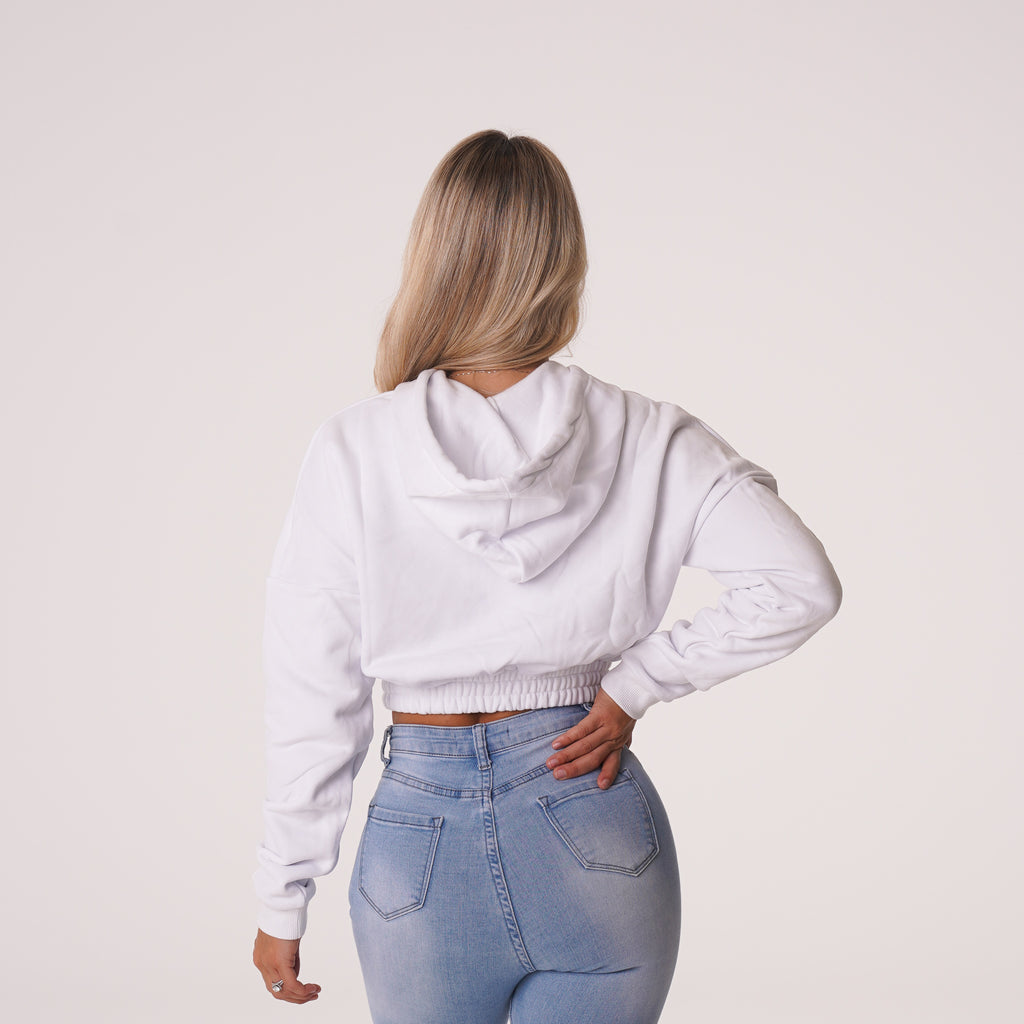 White Cozy Vibes Drop Shoulder Cropped Hoodie